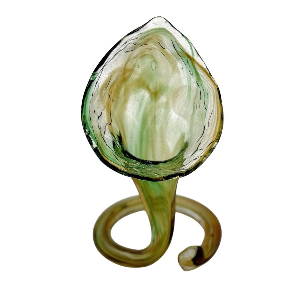 Murano-Style Hand-Blown Green Amber Swirl Art Glass Coiled Base Lilly Vase VTG